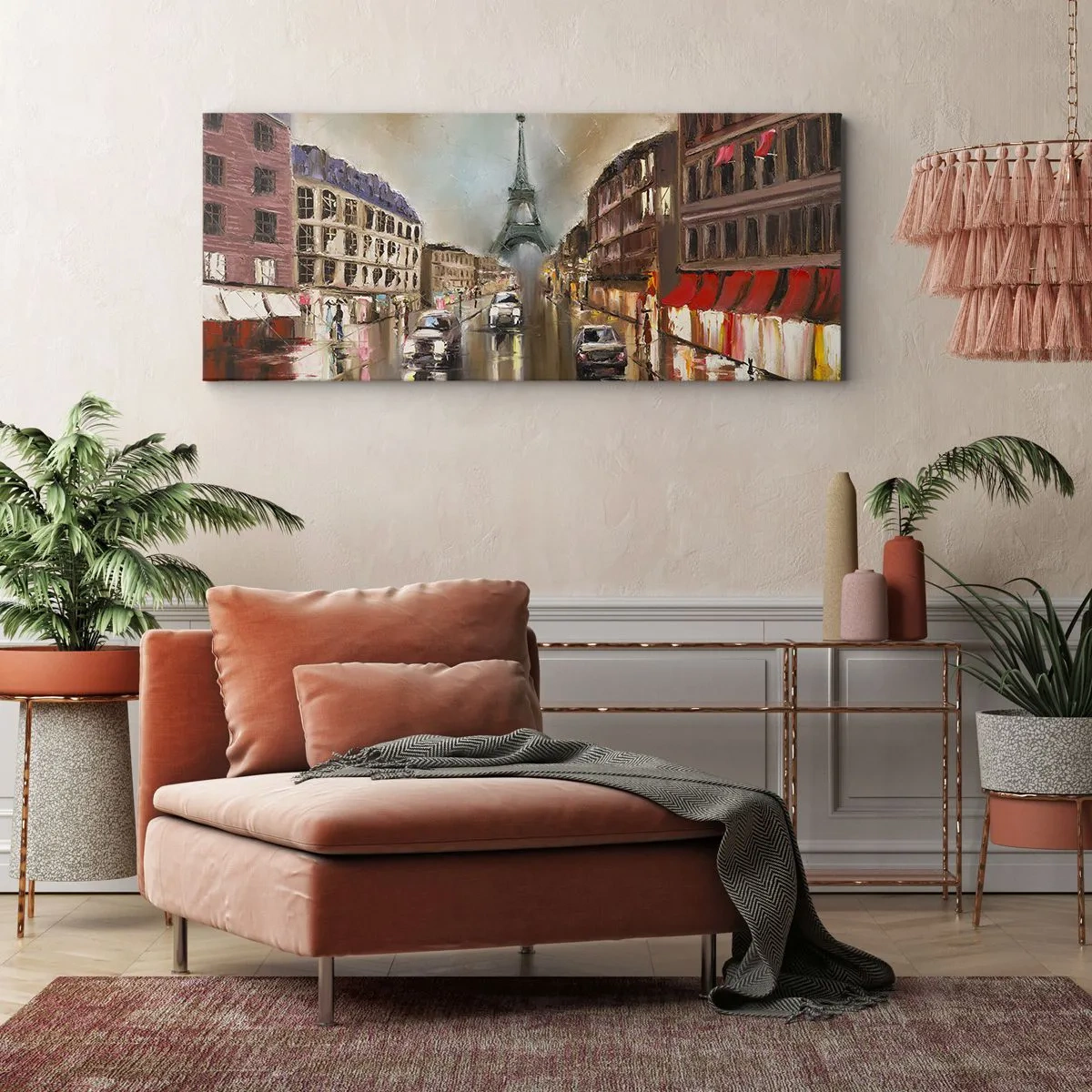Bild auf Leinwand - Leinwandbild - Abendliches Straßenbild von Paris mit Blick auf den Eiffelturm - 120x50cm - Nur sie zählt - Moderne Wanddekoration für Wohnzimmer und Schlafzimmer ARTTOR