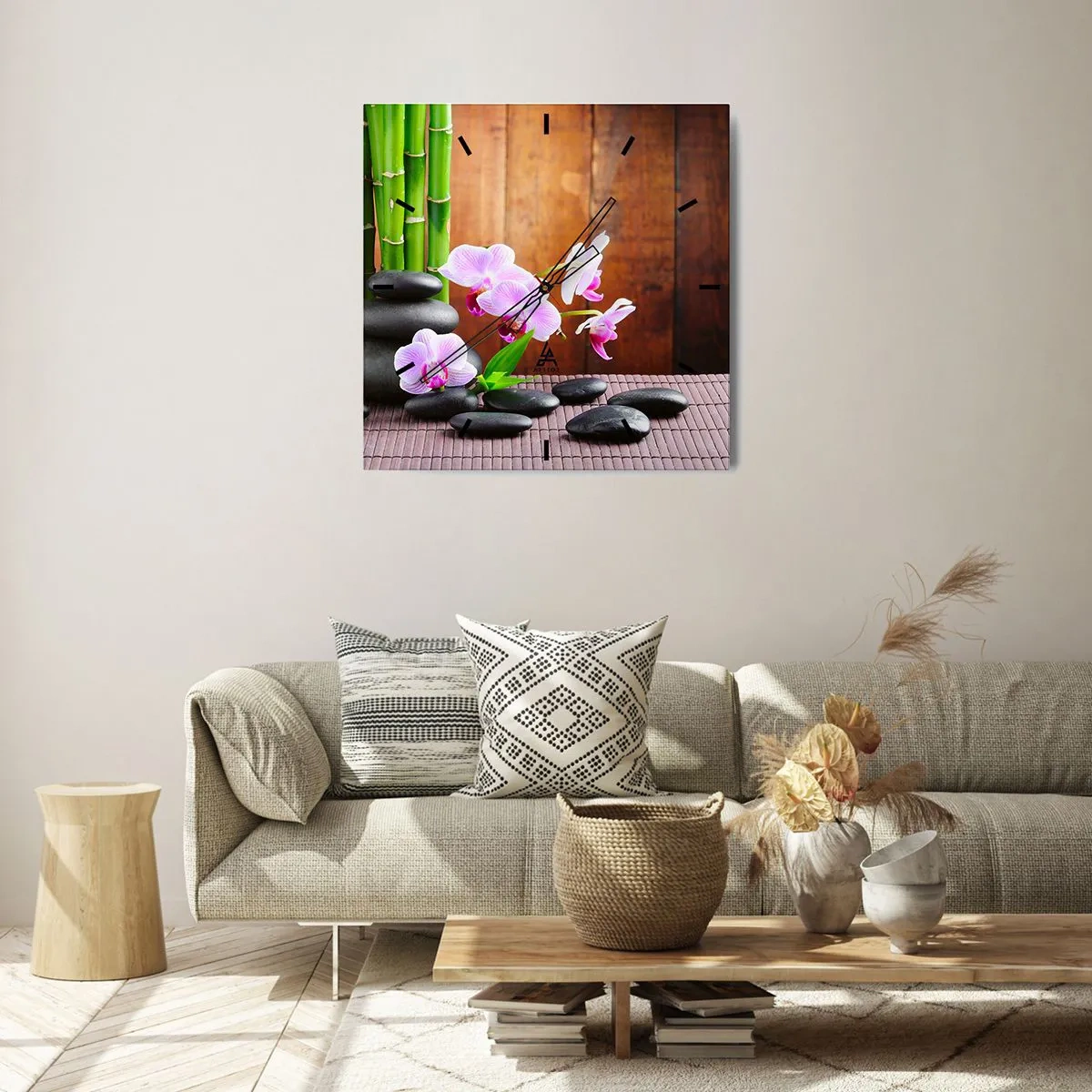 Wanduhr - Glasuhr - Bambus, Steine und rosa Orchideen im Zen-Stil auf Holzhintergrund - 30x30cm - Treffen Sie die Freuden des Ostens - Moderne Wanddekoration für Wohnzimmer und Schlafzimmer ARTTOR