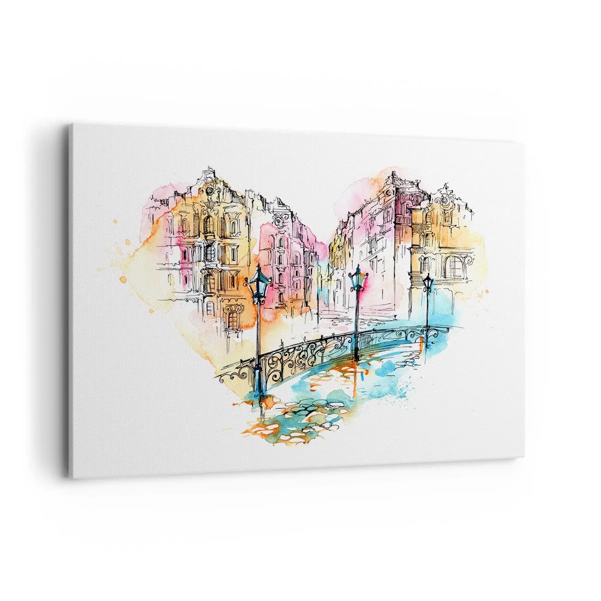 Bild auf Leinwand - Leinwandbild - Aquarell einer Brücke und herzförmigen Mietshäusern - 100x70cm - Das Herz der Stadt - Moderne Wanddekoration für Wohnzimmer und Schlafzimmer ARTTOR