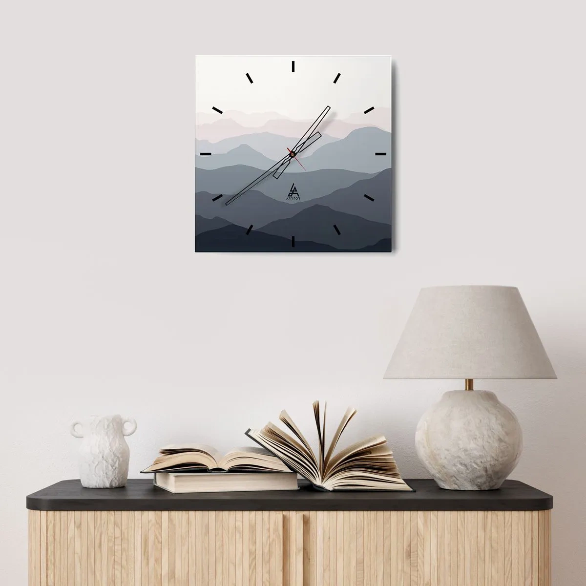 Wanduhr - Glasuhr - Dezente Bergschichten in Grau- und Blautönen - 30x30cm - Wellen der Berge - Moderne Wanddekoration für Wohnzimmer und Schlafzimmer ARTTOR
