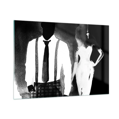 Glasbild - Bild auf glas - Schwarz-weiße Silhouette eines eleganten Noir-Paares - 100x70cm - In Noir-Atmosphäre - Moderne Wanddekoration für Wohnzimmer und Schlafzimmer ARTTOR