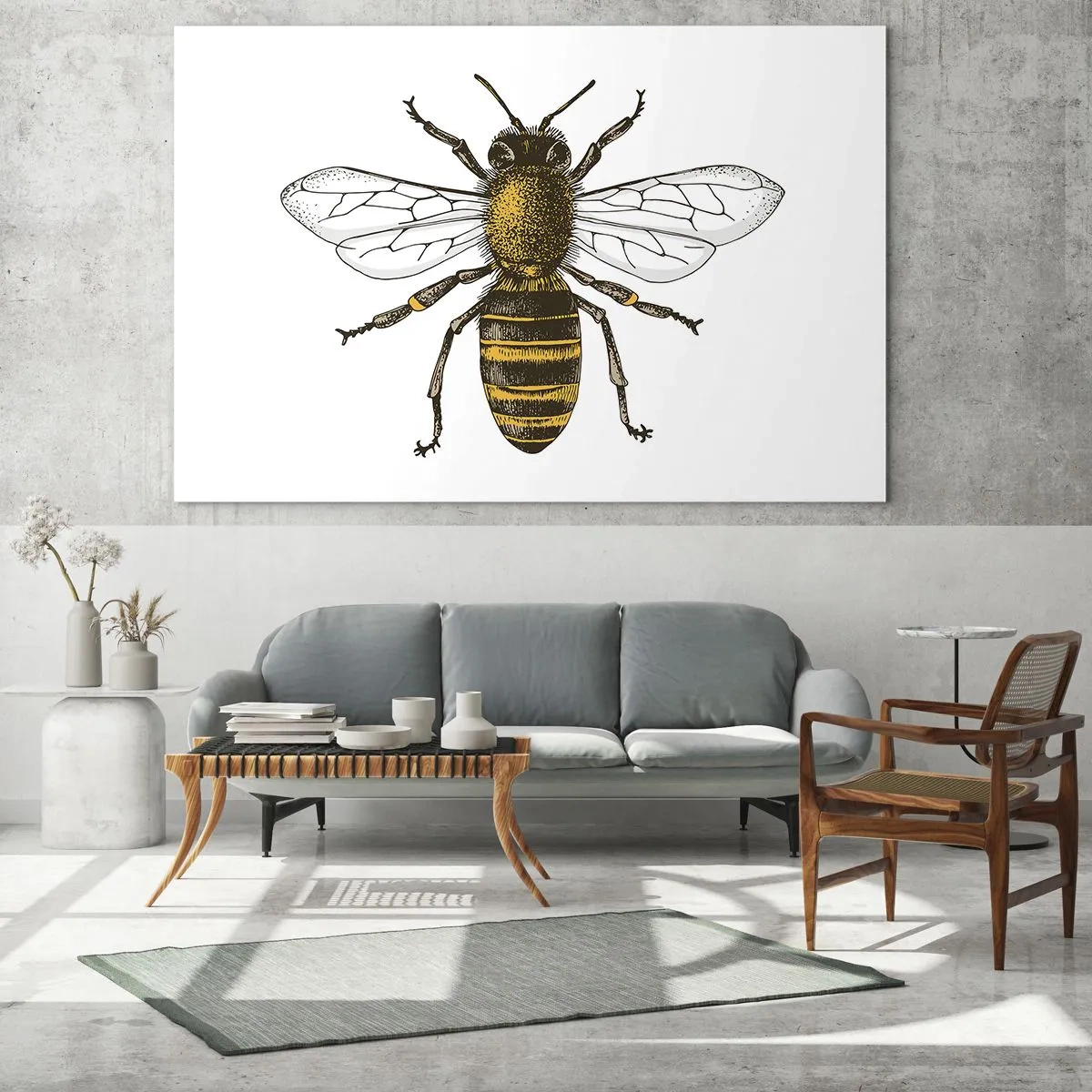 Glasbild - Bild auf glas - Detaillierte Darstellung einer Biene auf weißem Hintergrund - 100x70cm - Schön und gut - Moderne Wanddekoration für Wohnzimmer und Schlafzimmer ARTTOR