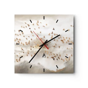 Wanduhr - Glasuhr - Goldene Vögel vor den nebligen Bergen - 30x30cm - Es ist schon die Zeit… - Moderne Wanddekoration für Wohnzimmer und Schlafzimmer ARTTOR