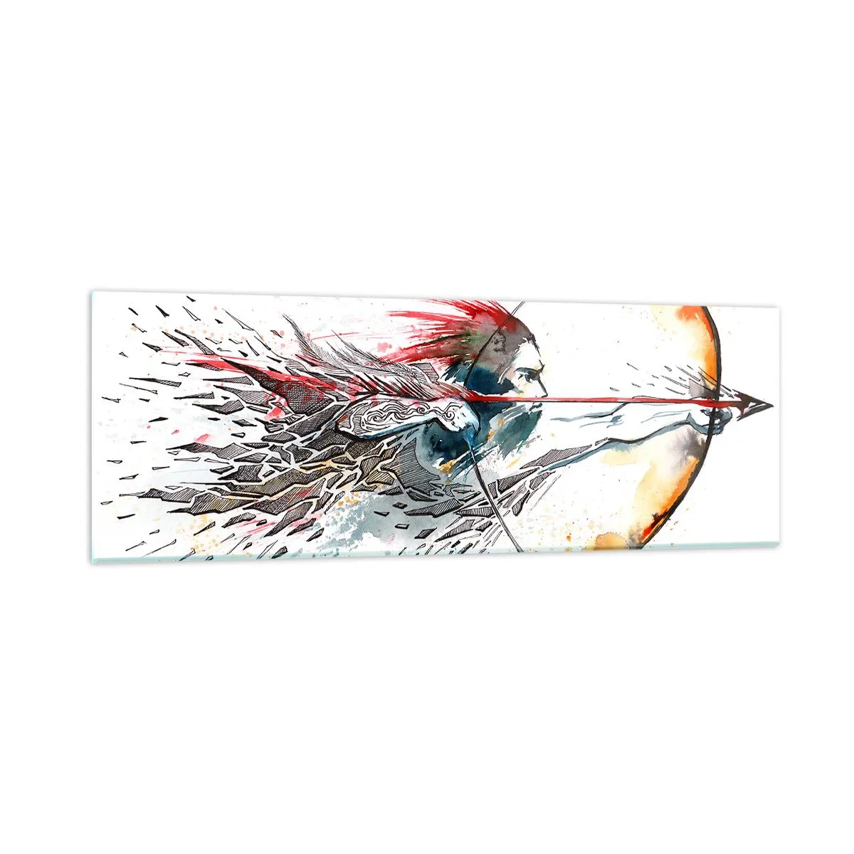 Glasbild - Bild auf glas - Mythischer Krieger mit feurigem Bogen - 90x30 cm