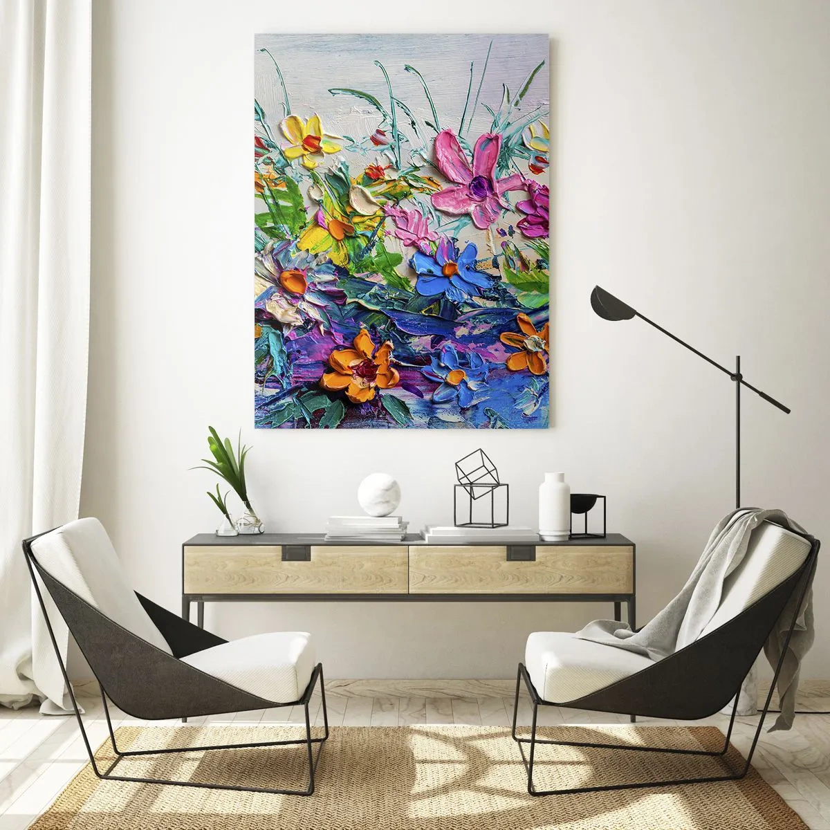 Glasbild - Bild auf glas - Ein bunter Blumenstrauß, gemalt in der Impasto-Technik - 70x100cm - Überhaupt kein Stillleben - Moderne Wanddekoration für Wohnzimmer und Schlafzimmer ARTTOR