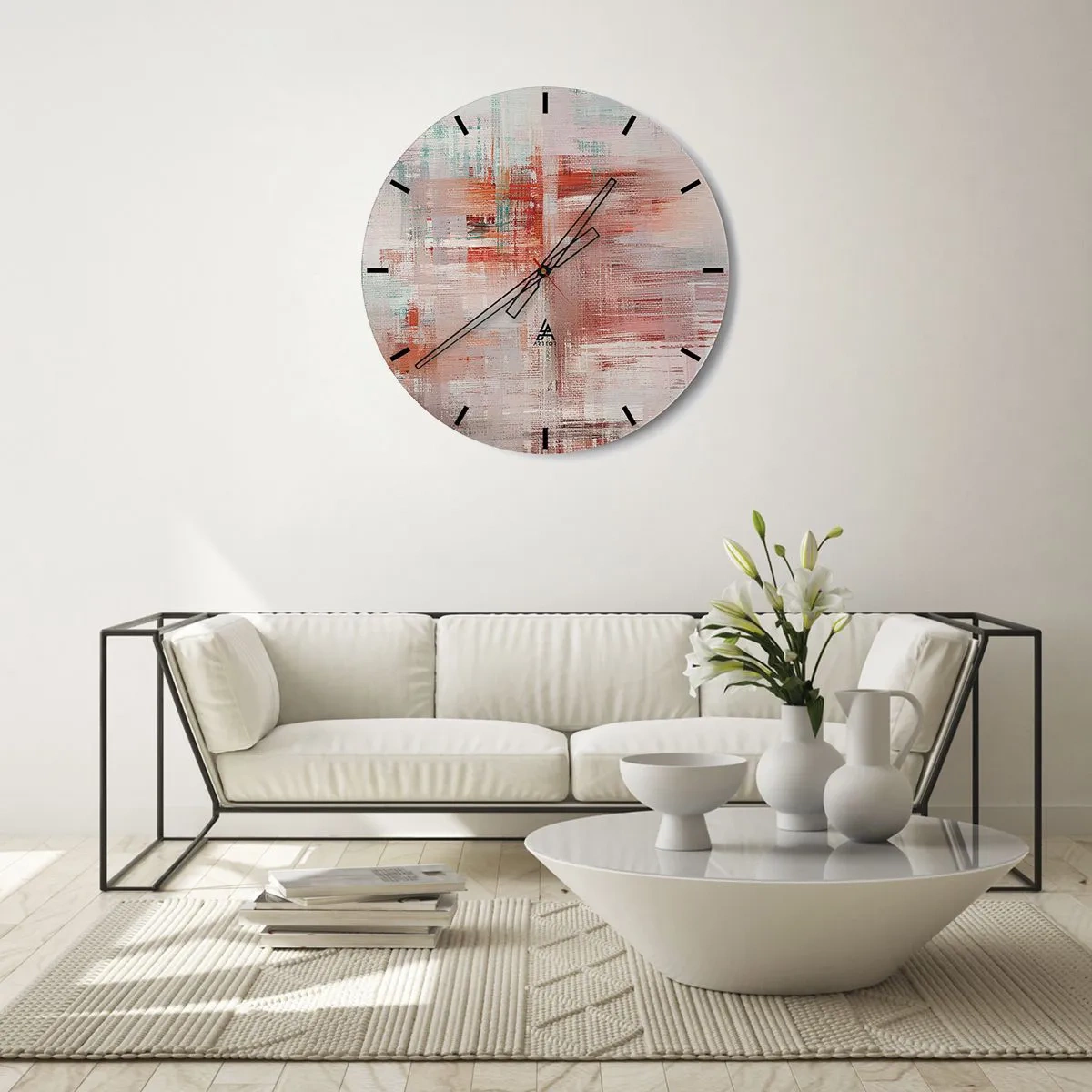 Wanduhr - Glasuhr - Eine abstrakte Komposition aus Strichen in Rosa- und Weißtönen. - 30x30cm - Dunstig. Aber rosa - Moderne Wanddekoration für Wohnzimmer, Küche und Schlafzimmer ARTTOR