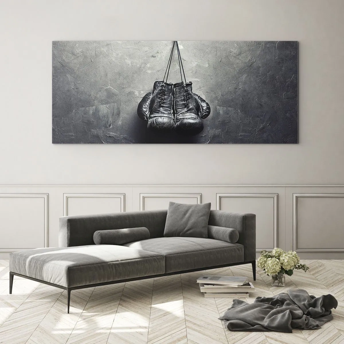 Glasbild - Bild auf glas - Alte Boxhandschuhe an der Wand - 120x50cm - Zeit des Kampfes und Zeit des Friedens - Moderne Wanddekoration für Wohnzimmer und Schlafzimmer ARTTOR