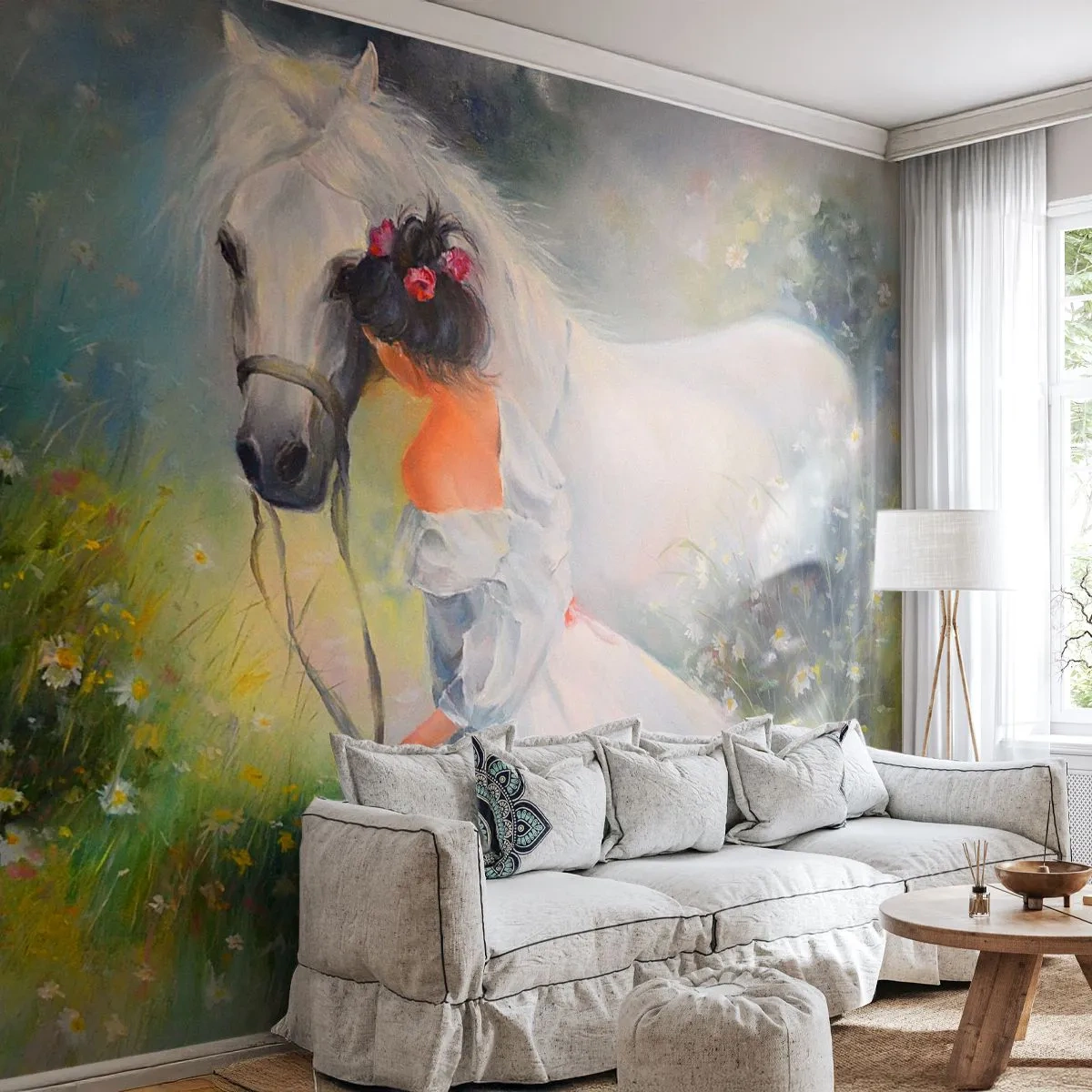 Fototapete Premium Sand - Romantische Szene einer Frau mit einem weißen Pferd auf einer Wiese - 100x70cm - Wie aus einem schönen Traum - Moderne Wanddekoration für Wohnzimmer und Schlafzimmer ARTTOR
