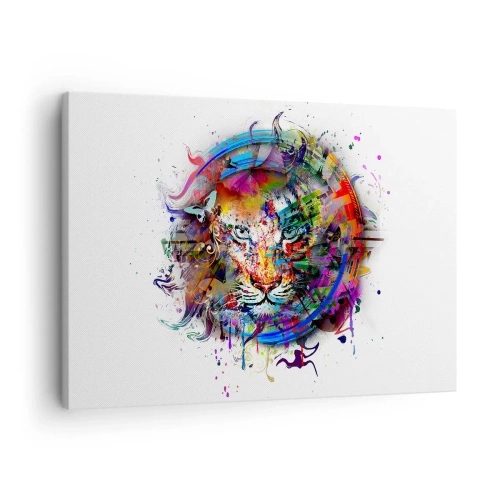Bild auf Leinwand - Leinwandbild - Farbenfrohes Porträt eines Löwen im abstrakten Stil - 70x50cm - Es lauert hinter einem Regenbogenschleier - Moderne Wanddekoration für Wohnzimmer und Schlafzimmer ARTTOR