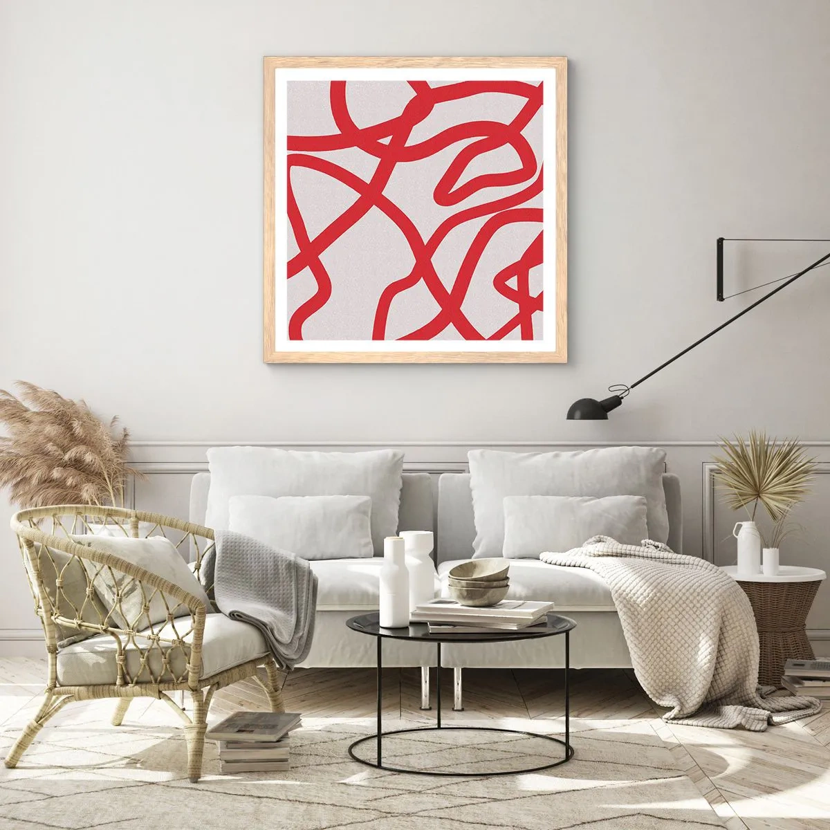 Poster in einem Rahmen aus heller Eiche - Rot auf Weiß - 40x40 cm