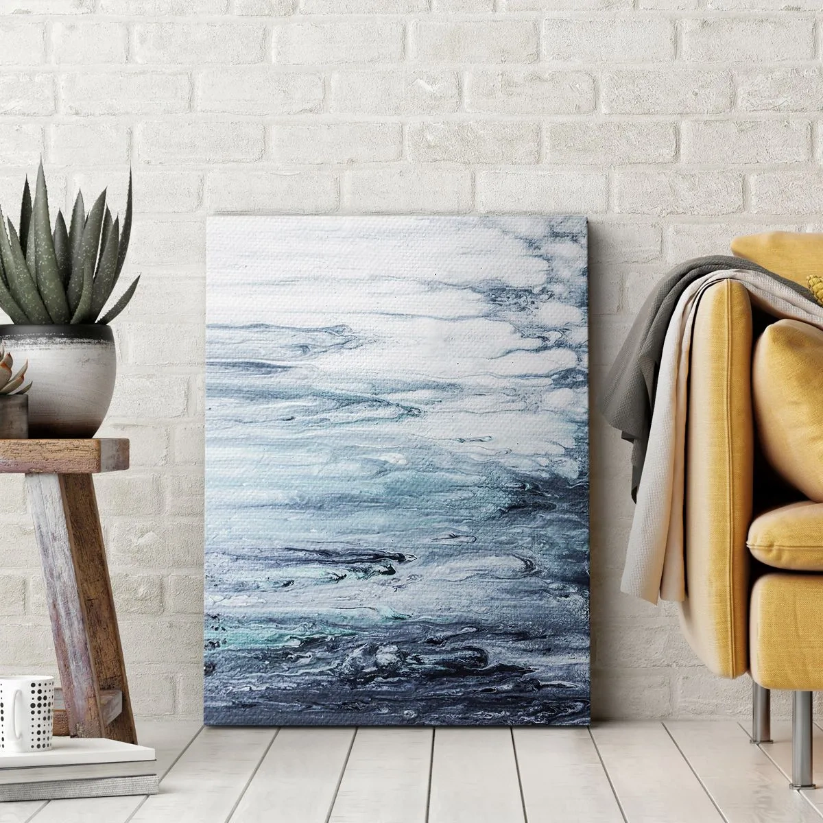 Bild auf Leinwand - Leinwandbild - Abstrakte blaue und weiße Streifen ähneln Eiszapfen - 50x70cm - Blaue Eiszapfen - Moderne Wanddekoration für Wohnzimmer und Schlafzimmer ARTTOR
