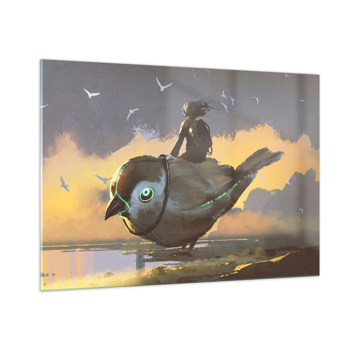 Glasbild - Bild auf glas - Eine Figur auf einem riesigen Vogel im Licht der untergehenden Sonne - 100x70cm - Ein Stopp auf einer fantastischen Reise - Moderne Wanddekoration für Wohnzimmer und Schlafzimmer ARTTOR