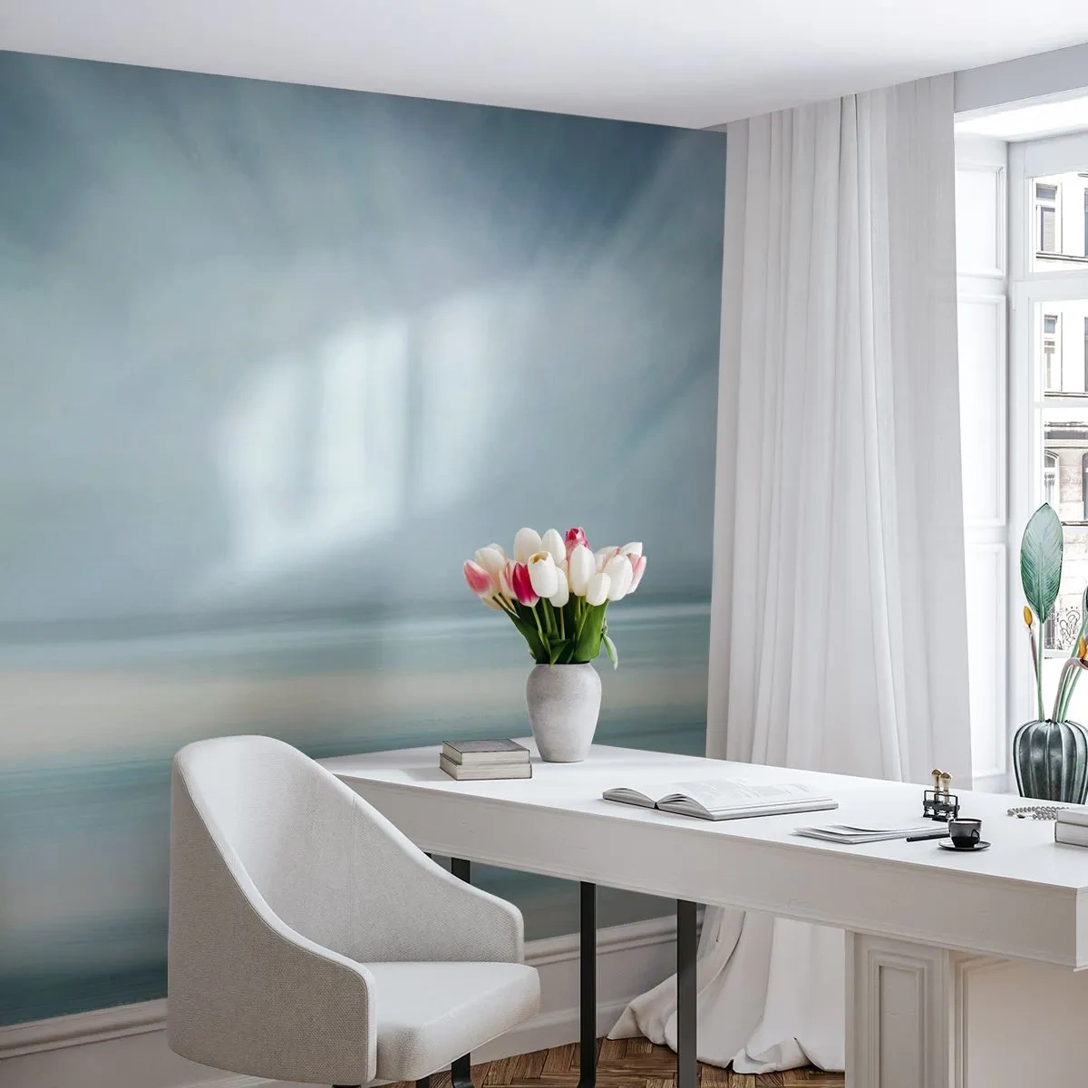 Fototapete Premium Sand - Eine minimalistische Landschaft in Pastelltönen von Himmel und Meer - 100x70cm - Frieden bis zum Horizont - Moderne Wanddekoration für Wohnzimmer und Schlafzimmer ARTTOR