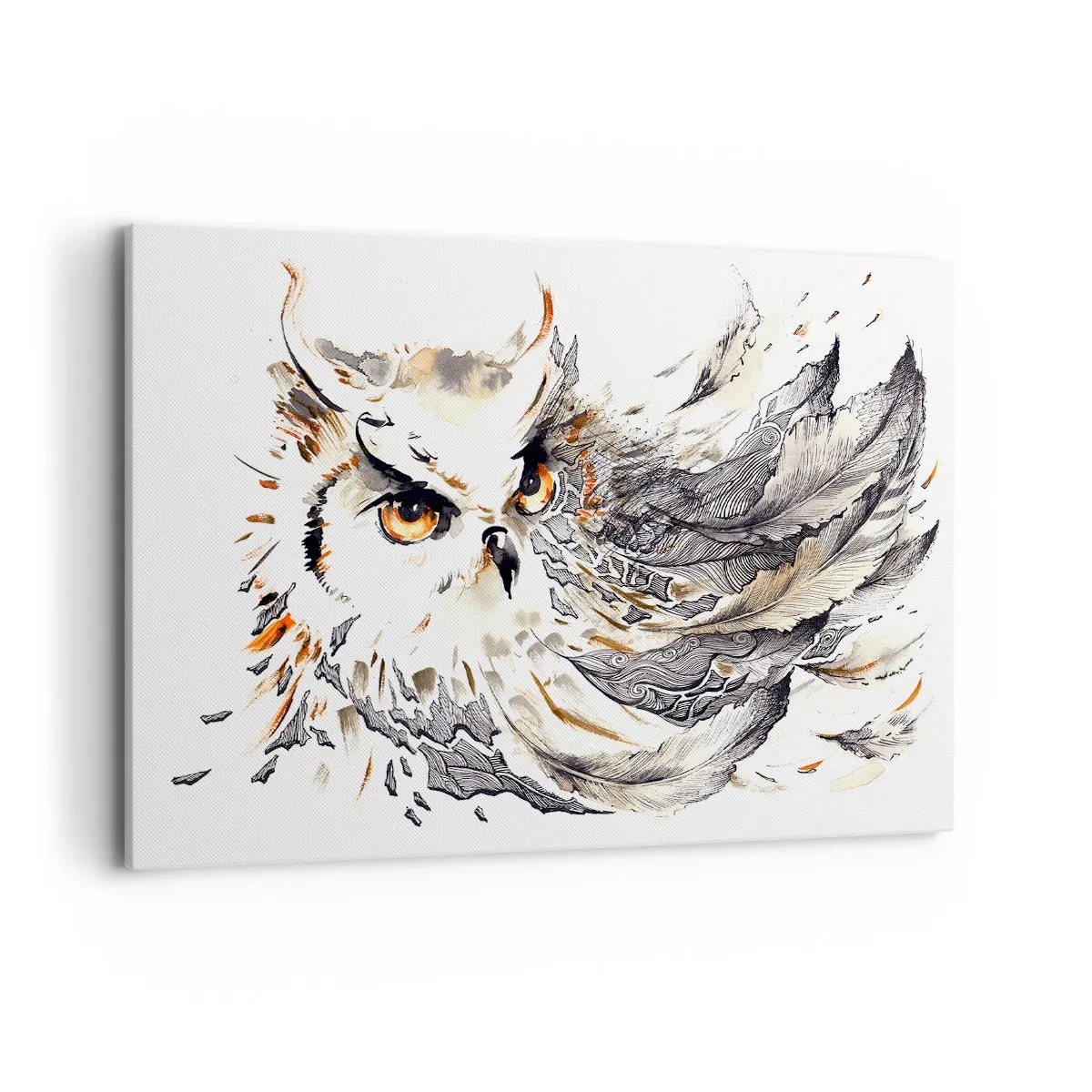 Bild auf Leinwand - Leinwandbild - Eine Eule mit mystischen Federn in einer künstlerischen Aquarellform - 100x70cm - Sie kam aus der Welt der Magie - Moderne Wanddekoration für Wohnzimmer und Schlafzimmer ARTTOR