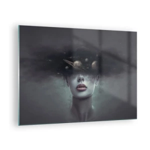 Glasbild - Bild auf glas - Eine Frau mit Planeten als Kopf in einer surrealen Komposition - 70x50cm - Und die Planeten spielen verrückt ... - Moderne Wanddekoration für Wohnzimmer und Schlafzimmer ARTTOR