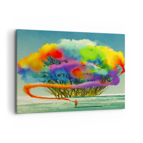Bild auf Leinwand - Leinwandbild - Eine Figur mit farbigem Rauch im Hintergrund eines Baumes in der Wildnis - 100x70cm - Erwecke diese Welt zum Leben - Moderne Wanddekoration für Wohnzimmer und Schlafzimmer ARTTOR