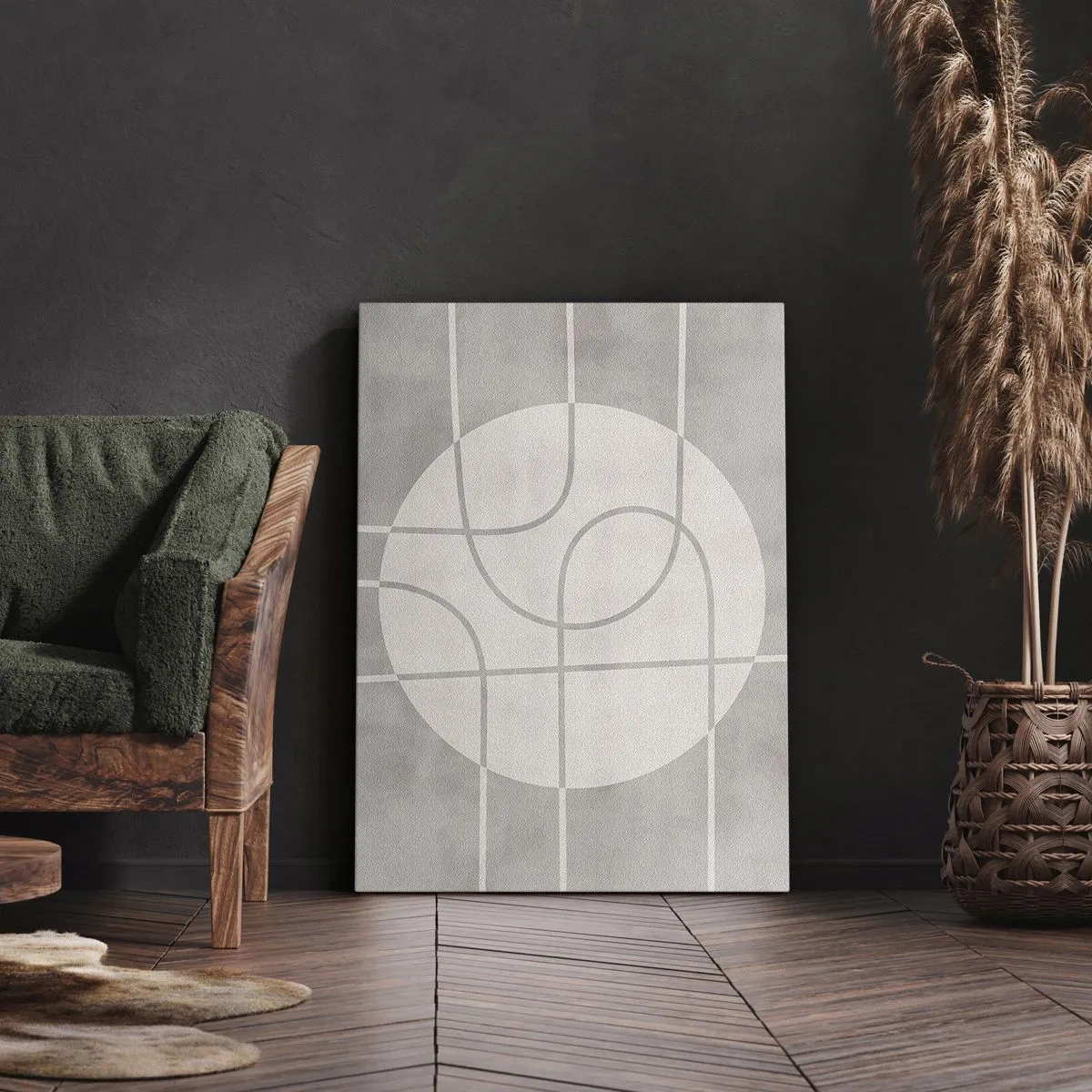 Bild auf Leinwand - Leinwandbild - Geometrisches Muster in Grau- und Weißtönen - 50x70cm - Kreisförmig und geradeaus - Moderne Wanddekoration für Wohnzimmer und Schlafzimmer ARTTOR