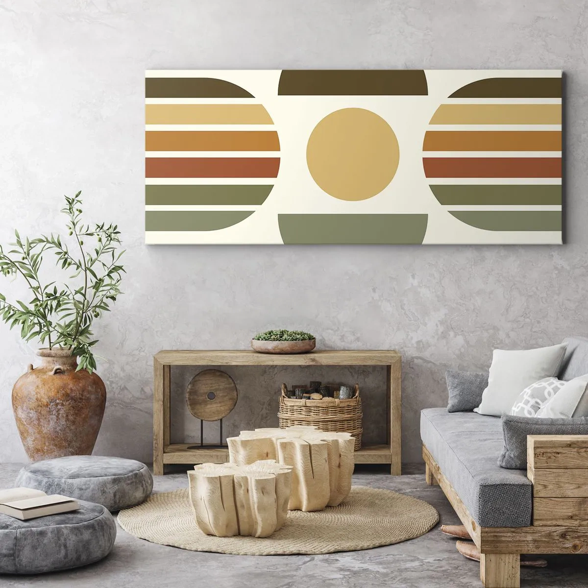 Bild auf Leinwand - Leinwandbild - Geometrische Komposition mit Halbkreisen und Streifen in Erdtönen - 140x50cm - In Erdtönen - Moderne Wanddekoration für Wohnzimmer und Schlafzimmer ARTTOR