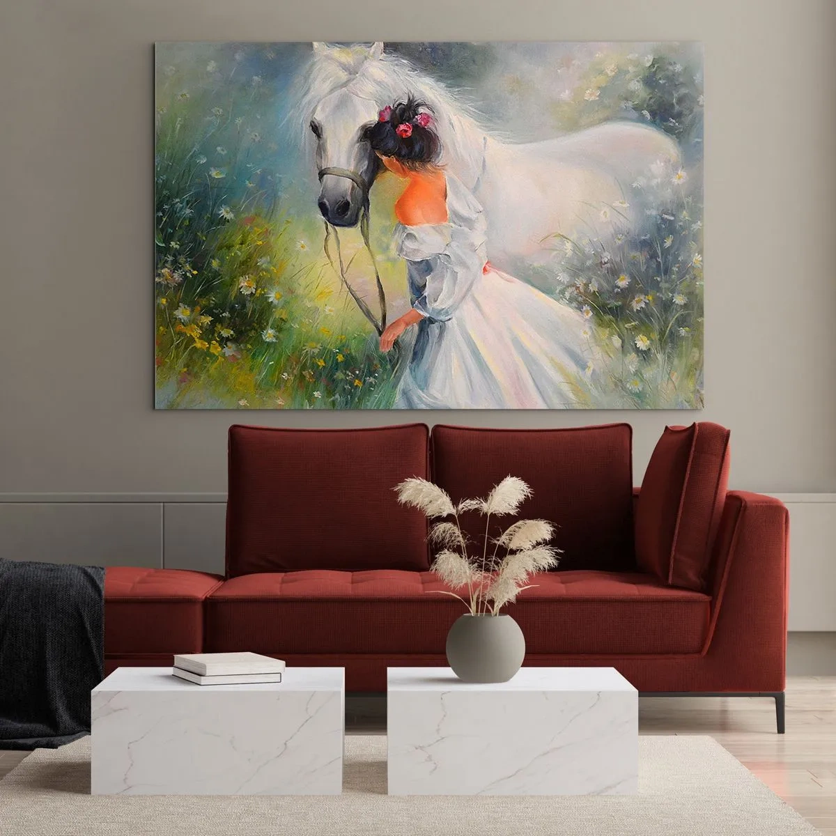 Glasbild - Bild auf glas - Eine Frau in einem weißen Kleid mit einem weißen Pferd auf einer Wiese voller Blumen. - 70x50cm - Wie aus einem schönen Traum - Moderne Wanddekoration für Wohnzimmer und Schlafzimmer ARTTOR