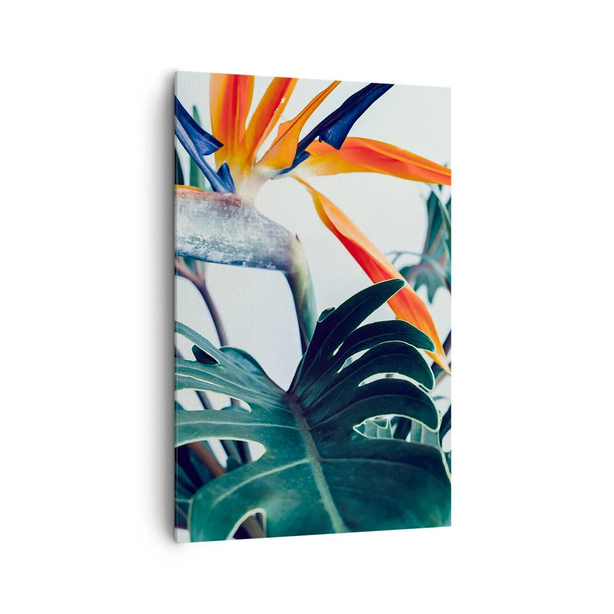 Bild auf Leinwand - Leinwandbild - Strelitzia-Blüte, umgeben von Blättern in hellem Licht - 80x120cm - Vogelbusch - Moderne Wanddekoration für Wohnzimmer und Schlafzimmer ARTTOR