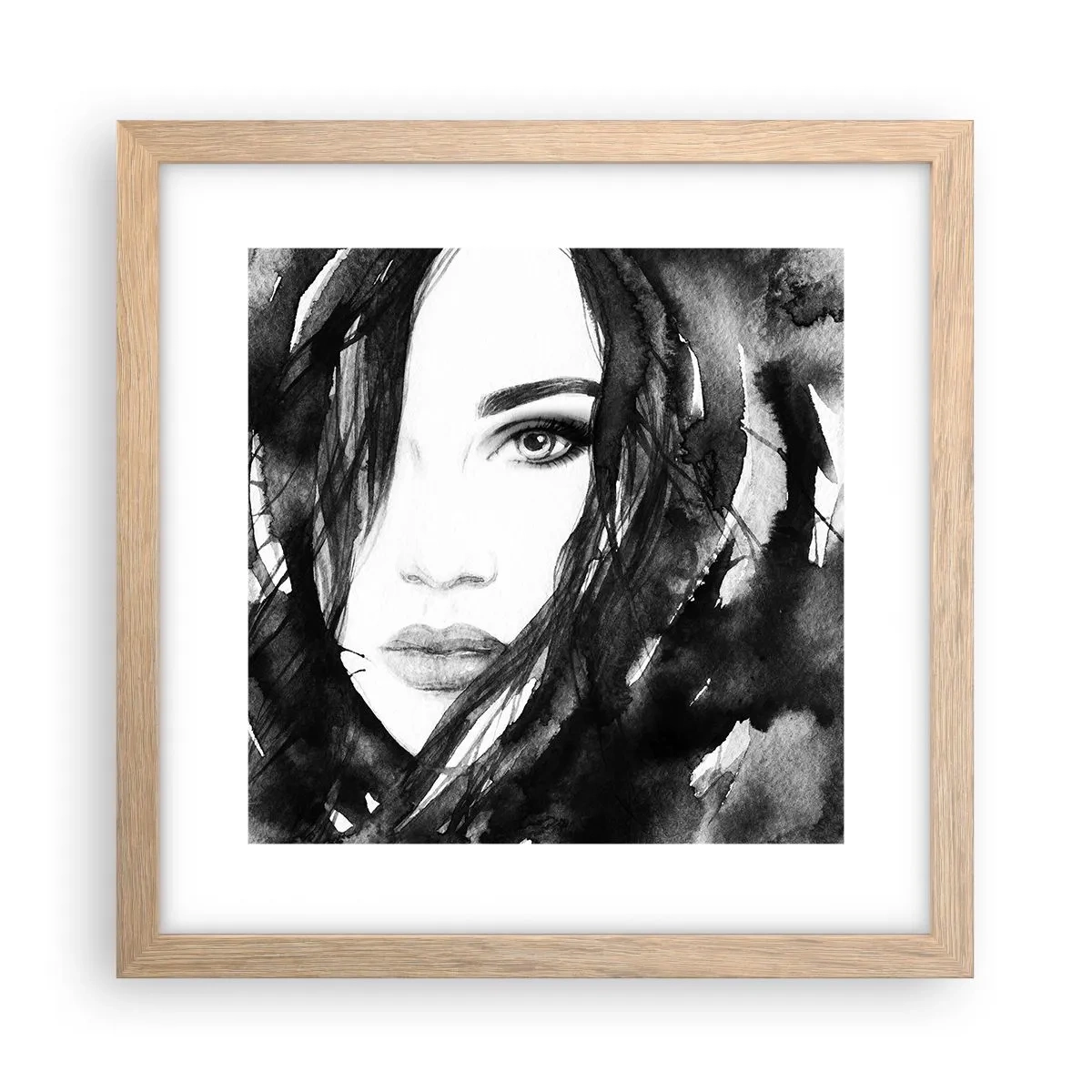 Poster in einem Rahmen aus heller Eiche - Porträt einer Dame in Schwarzweiß - 30x30 cm