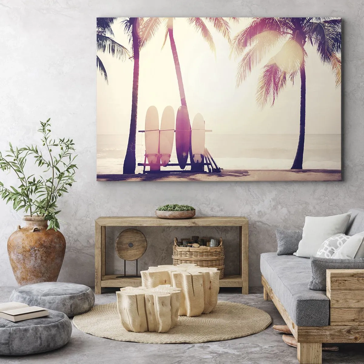 Bild auf Leinwand - Leinwandbild - Palmen und Surfbretter am Strand im Sonnenschein - 70x50cm - Es wird ein toller Tag - Moderne Wanddekoration für Wohnzimmer und Schlafzimmer ARTTOR
