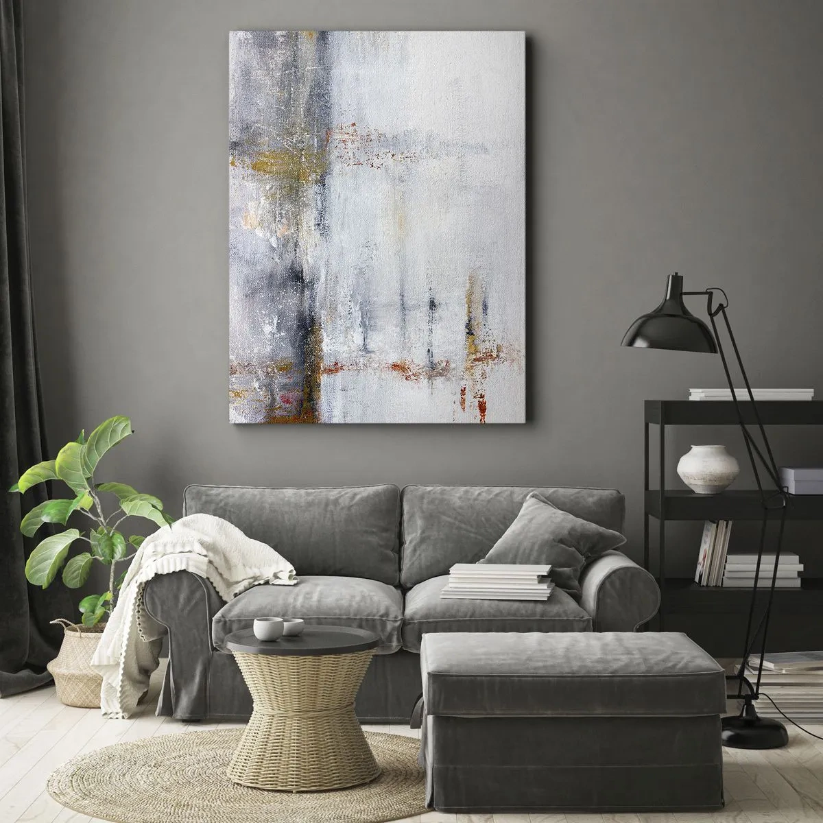 Bild auf Leinwand - Leinwandbild - Eine abstrakte Landschaft mit verschwommenen Akzenten in Grau und Gold. - 50x70cm - Hinter dem Luftvorhang - Moderne Wanddekoration für Wohnzimmer und Schlafzimmer ARTTOR