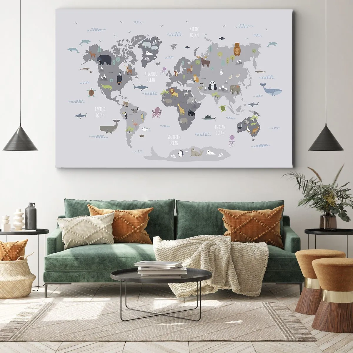 Bild auf Leinwand - Leinwandbild - Eine Weltkarte mit Tierillustrationen auf grauem Hintergrund - 70x50cm - Sag mir wo du herkommst ... - Moderne Wanddekoration für Wohnzimmer und Schlafzimmer ARTTOR