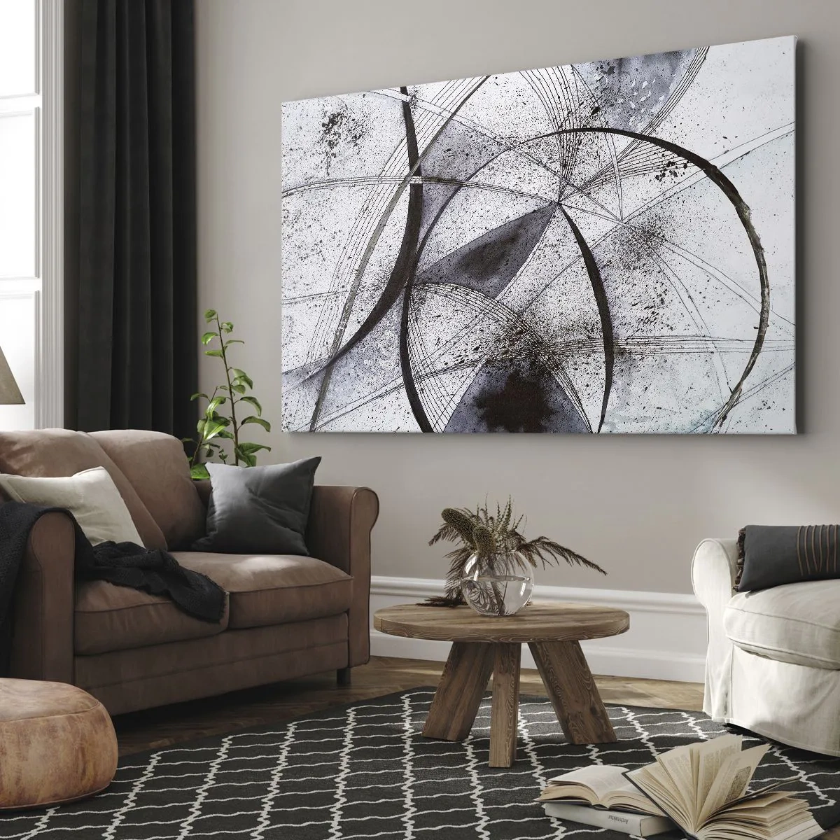 Bild auf Leinwand - Leinwandbild - Abstrakte Linien und Formen in Grau- und Schwarztönen - 70x50cm - Futuristische Fantasie - Moderne Wanddekoration für Wohnzimmer und Schlafzimmer ARTTOR