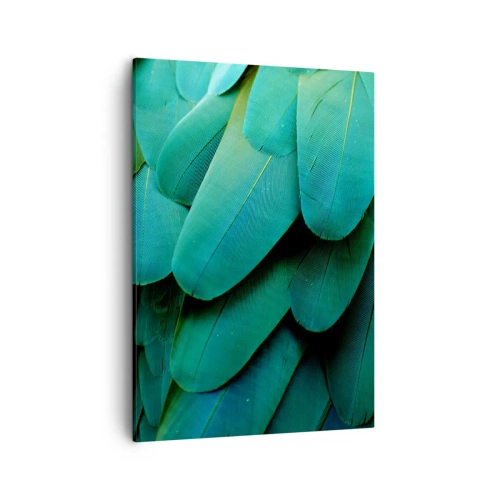 Bild auf Leinwand - Leinwandbild - Federdetails in Grüntönen - 50x70cm - Papageienartige Präzision - Moderne Wanddekoration für Wohnzimmer und Schlafzimmer ARTTOR