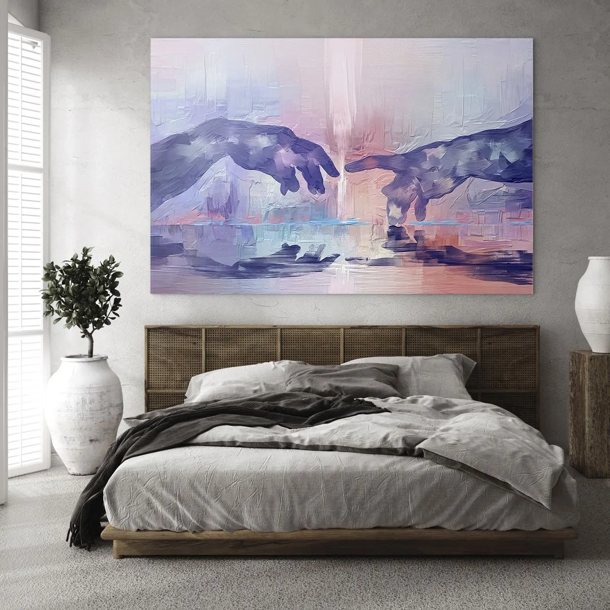 Glasbild - Bild auf glas - Abstrakte Hände nähern sich einander vor einem pastellfarbenen Hintergrund. - 100x70cm - Göttlicher Funke des Lebens - Moderne Wanddekoration für Wohnzimmer und Schlafzimmer ARTTOR