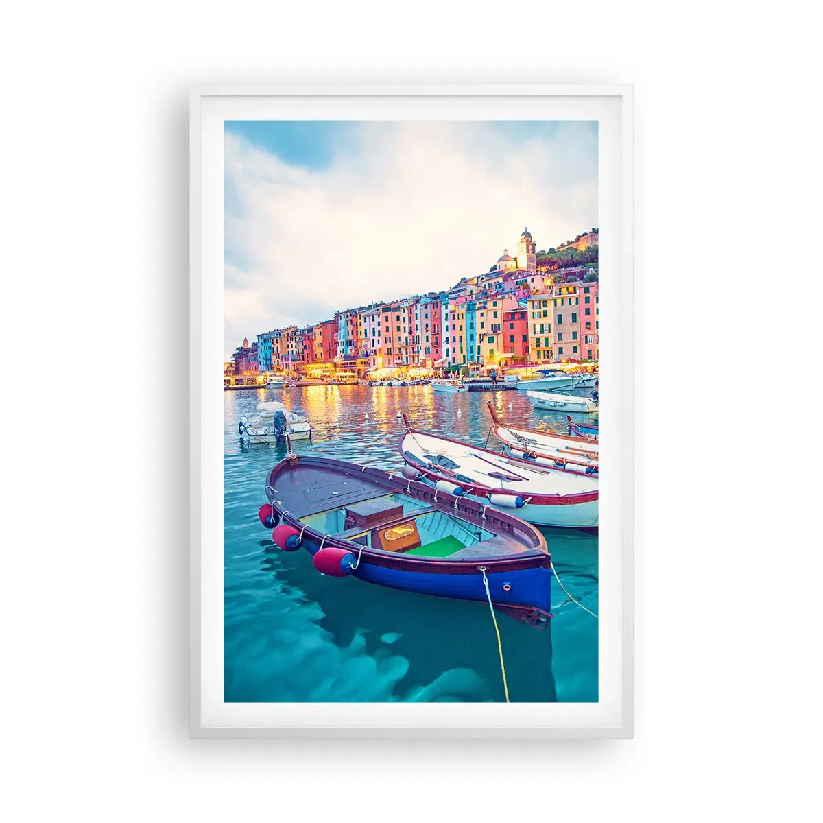 Poster in einem weißen Rahmen - Bunter Abend im Hafen - 61x91 cm