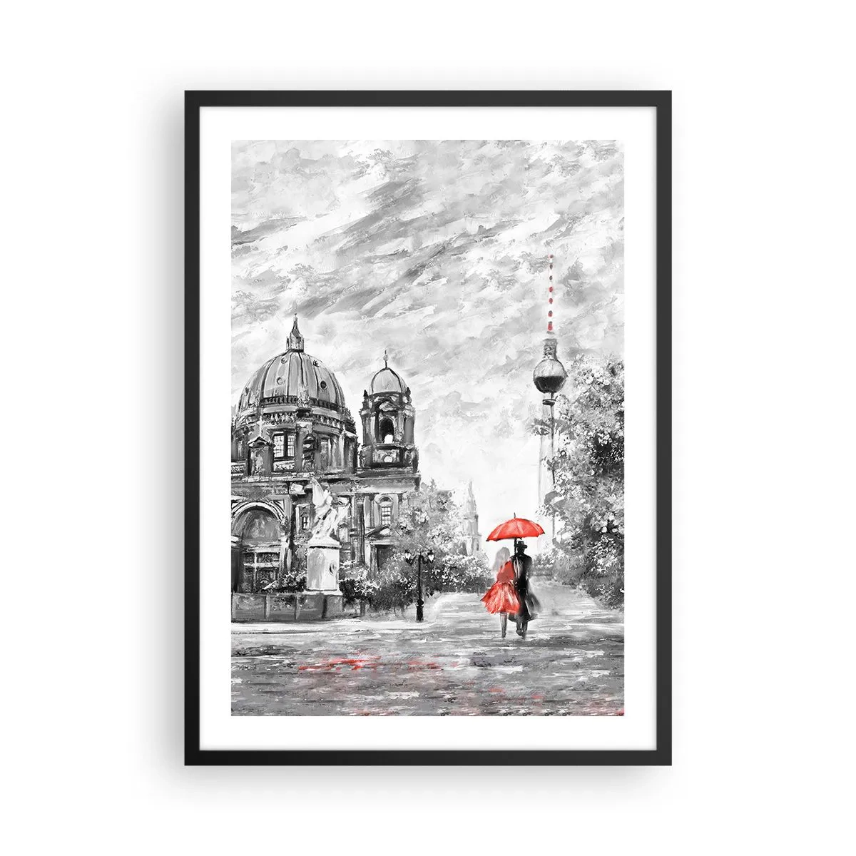 Poster in einem schwarzem Rahmen - Eine Figur mit rotem Regenschirm vor der Kulisse der Berliner Architektur - 50x70cm - Berliner Treffen - Moderne Wanddekoration für Wohnzimmer und Schlafzimmer ARTTOR