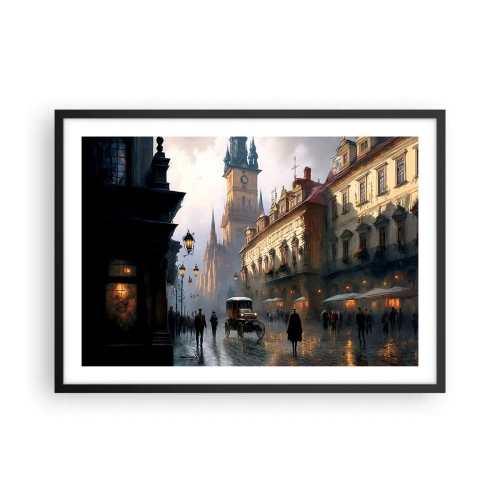 Poster in einem schwarzem Rahmen - Abendliche Straßenszene mit historischer Architektur - 70x50cm - Charme eines Prager Abends - Moderne Wanddekoration für Wohnzimmer und Schlafzimmer ARTTOR