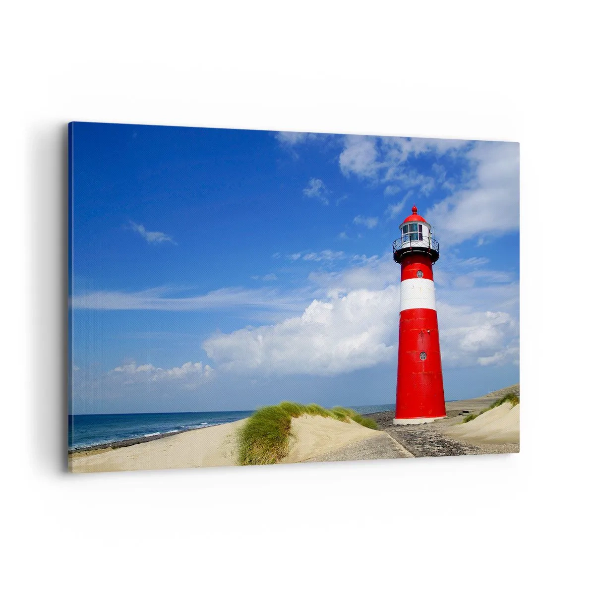 Bild auf Leinwand - Leinwandbild - Roter Leuchtturm am Strand unter blauem Himmel - 120x80cm - Traum Einsamkeit - Moderne Wanddekoration für Wohnzimmer und Schlafzimmer ARTTOR