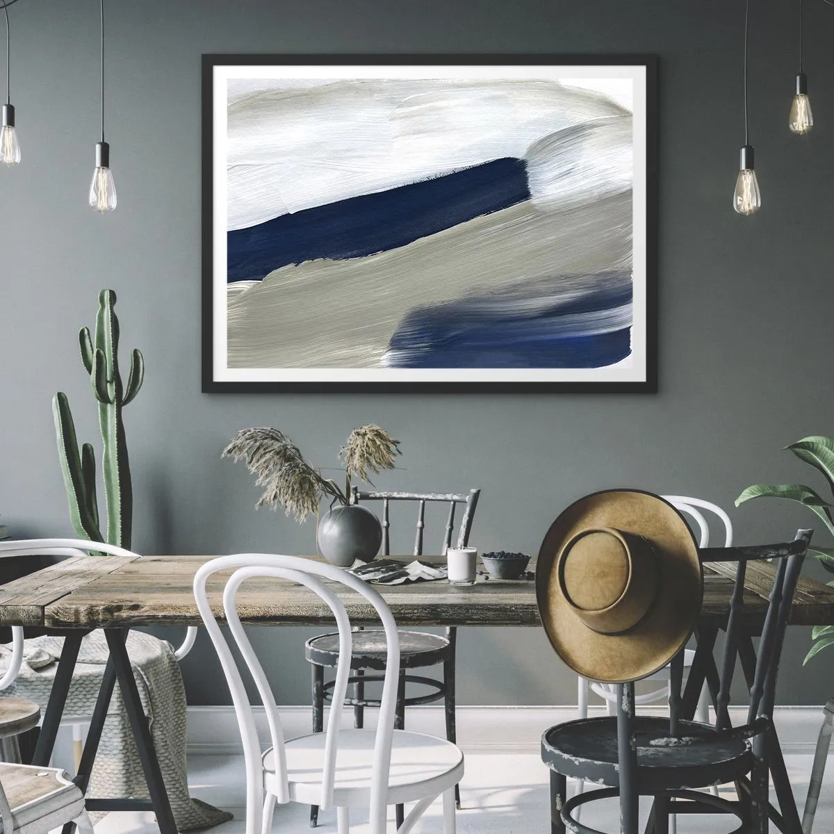 Poster in einem schwarzem Rahmen - Abstrakte Pinselstriche in Blau- und Grautönen - 100x70cm - Begegnung mit dem Weißsein - Moderne Wanddekoration für Wohnzimmer und Schlafzimmer ARTTOR