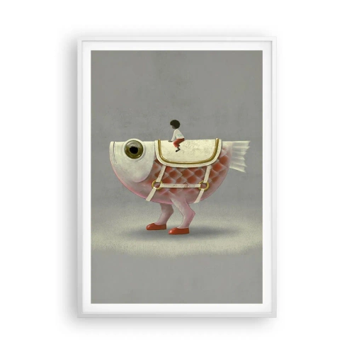 Poster in einem weißen Rahmen - Reiter auf einem surrealen Fisch - 70x100 cm