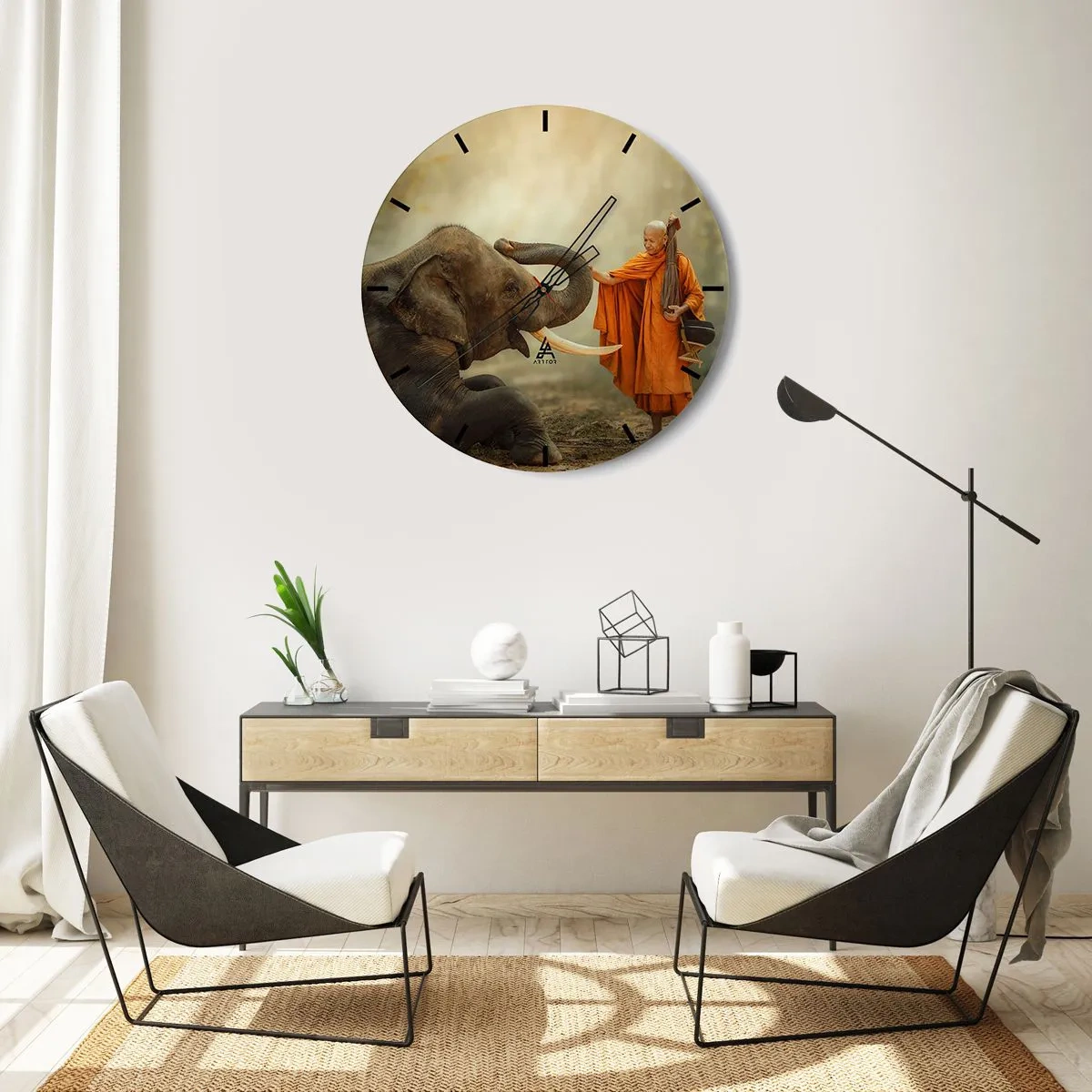 Wanduhr - Glasuhr - Ein buddhistischer Mönch und ein Elefant in einer friedlichen, natürlichen Umgebung - 30x30cm - Treffen unterwegs - Moderne Wanddekoration für Wohnzimmer, Küche und Schlafzimmer ARTTOR
