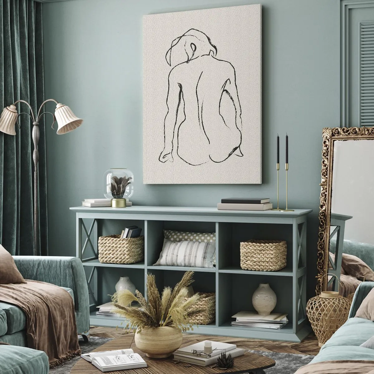 Bild auf Leinwand - Leinwandbild - Eine subtile Skizze der Silhouette eines Mädchens von hinten - 70x100cm - Mädchenakt - Moderne Wanddekoration für Wohnzimmer und Schlafzimmer ARTTOR