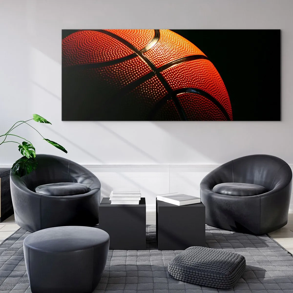 Glasbild - Bild auf glas - Nahaufnahme eines Basketballs vor schwarzem Hintergrund - 120x50cm - Schön wie ein Planet - Moderne Wanddekoration für Wohnzimmer und Schlafzimmer ARTTOR