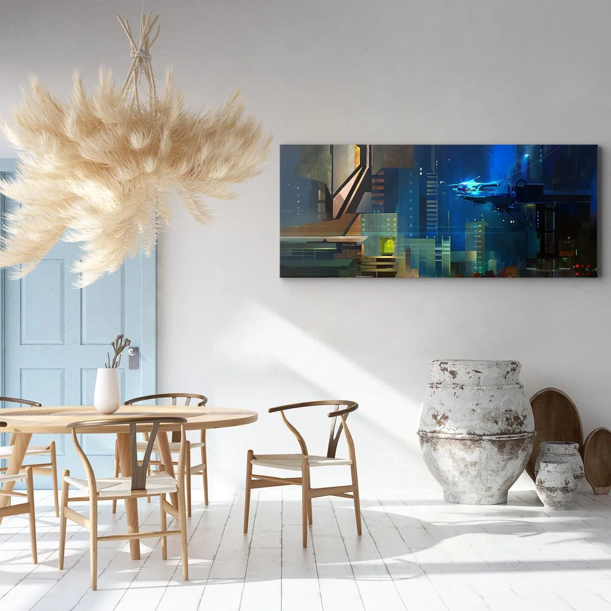 Bild auf Leinwand - Leinwandbild - Futuristische Stadt bei Nacht mit Neonlichtern und einem fliegenden Fahrzeug - 120x50cm - In naher Zukunft - Moderne Wanddekoration für Wohnzimmer und Schlafzimmer ARTTOR