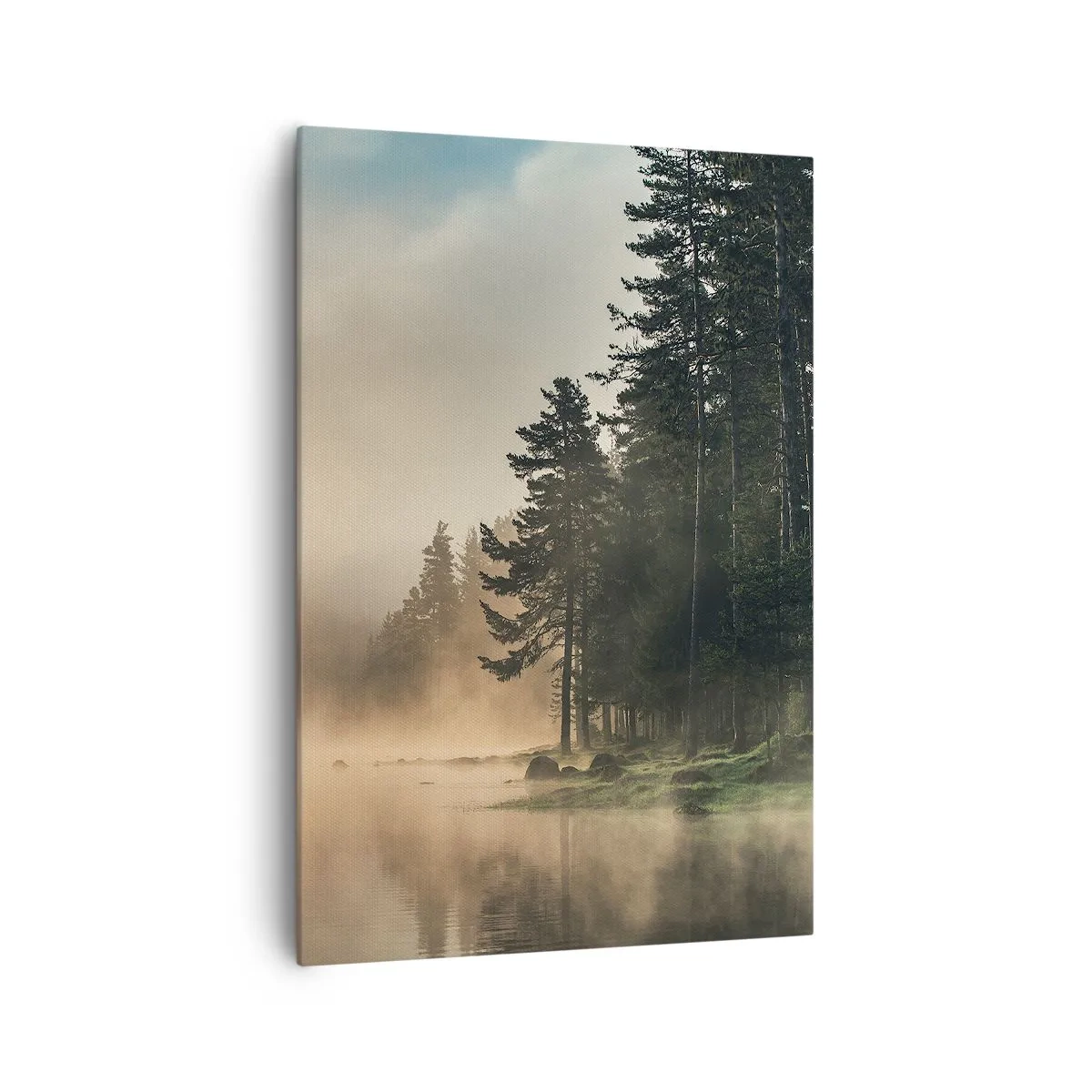 Bild auf Leinwand - Leinwandbild - Ein nebliger Wald über einem ruhigen See - 70x100cm - Die Geburt des Tages - Moderne Wanddekoration für Wohnzimmer und Schlafzimmer ARTTOR