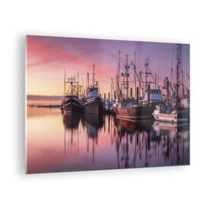 Glasbild - Bild auf glas - Fischerboote bei Sonnenuntergang in einem ruhigen Hafen - 70x50cm - Vor dem nächsten Tag - Moderne Wanddekoration für Wohnzimmer und Schlafzimmer ARTTOR