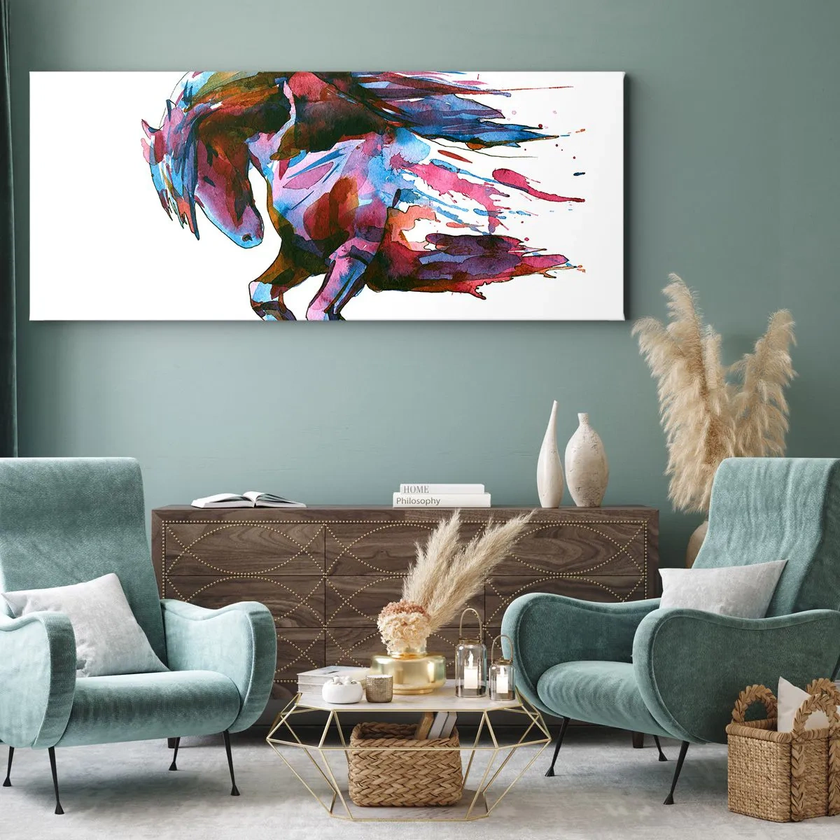 Bild auf Leinwand - Leinwandbild - Ein Pferd in dynamischen abstrakten Farben symbolisiert Freiheit - 160x50cm - In Verzückung - Moderne Wanddekoration für Wohnzimmer und Schlafzimmer ARTTOR