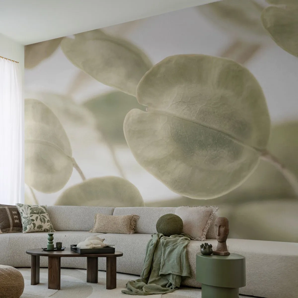 Fototapete Premium Sand - Zarte hellgrüne Blätter auf hellem Hintergrund - 100x70cm - Am Anfang waren Blätter... - Moderne Wanddekoration für Wohnzimmer und Schlafzimmer ARTTOR