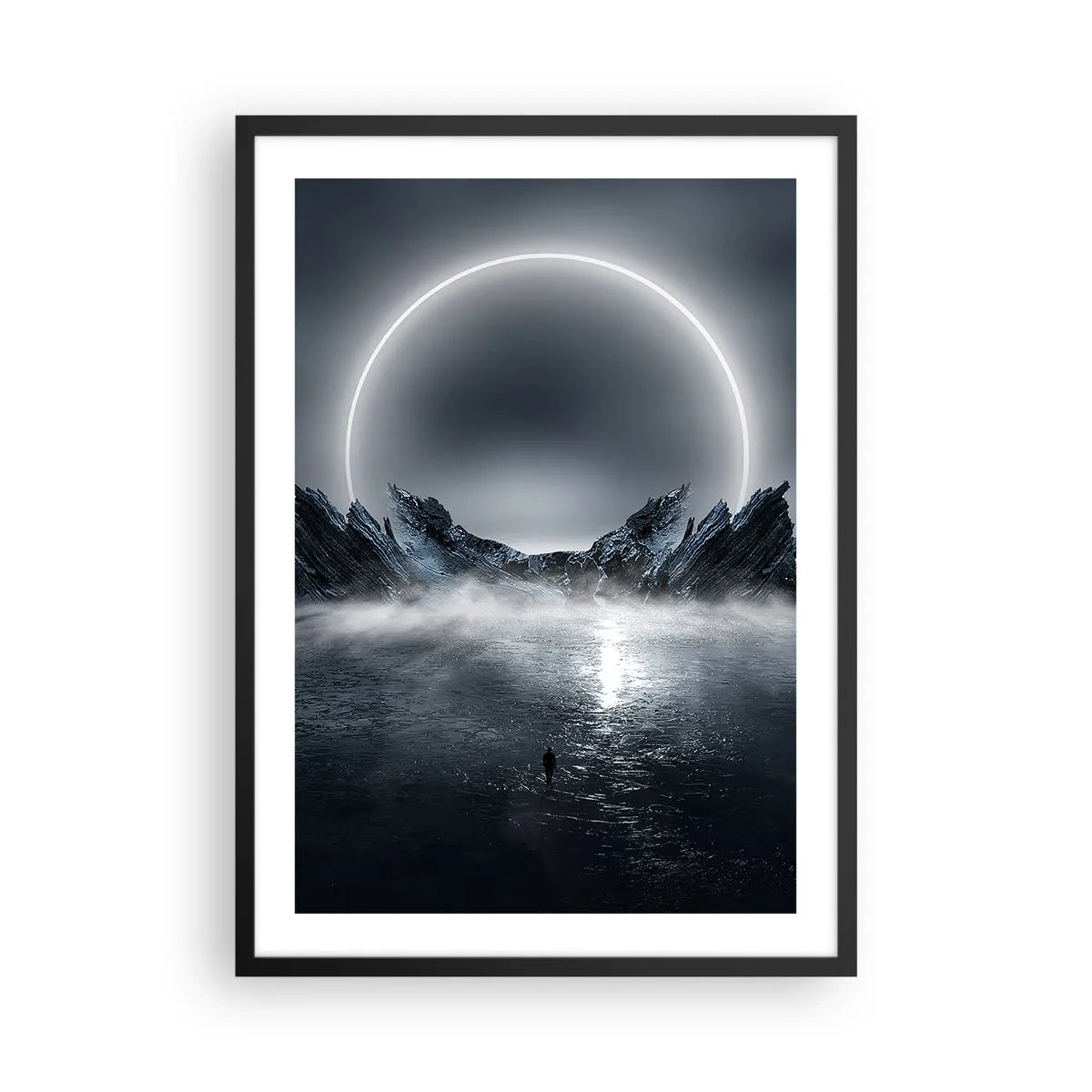Poster in einem schwarzem Rahmen - Eine geheimnisvolle Landschaft mit einem hellen Kreis am Himmel - 50x70cm - Ende der Geschichte - Moderne Wanddekoration für Wohnzimmer und Schlafzimmer ARTTOR