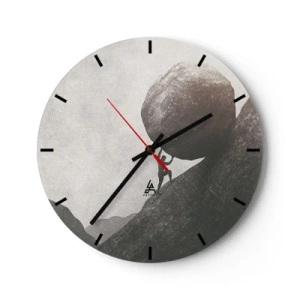 Wanduhr - Glasuhr - Eine Figur schiebt einen Felsbrocken bergauf vor einem grauen Himmel - 30x30cm - Ich glaube wider alle Hoffnung - Moderne Wanddekoration für Wohnzimmer, Küche und Schlafzimmer ARTTOR