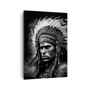 Bild auf Leinwand - Leinwandbild - Porträt eines Häuptlings mit Federschmuck vor schwarzem Hintergrund - 50x70cm - Anführer und Krieger - Moderne Wanddekoration für Wohnzimmer und Schlafzimmer ARTTOR