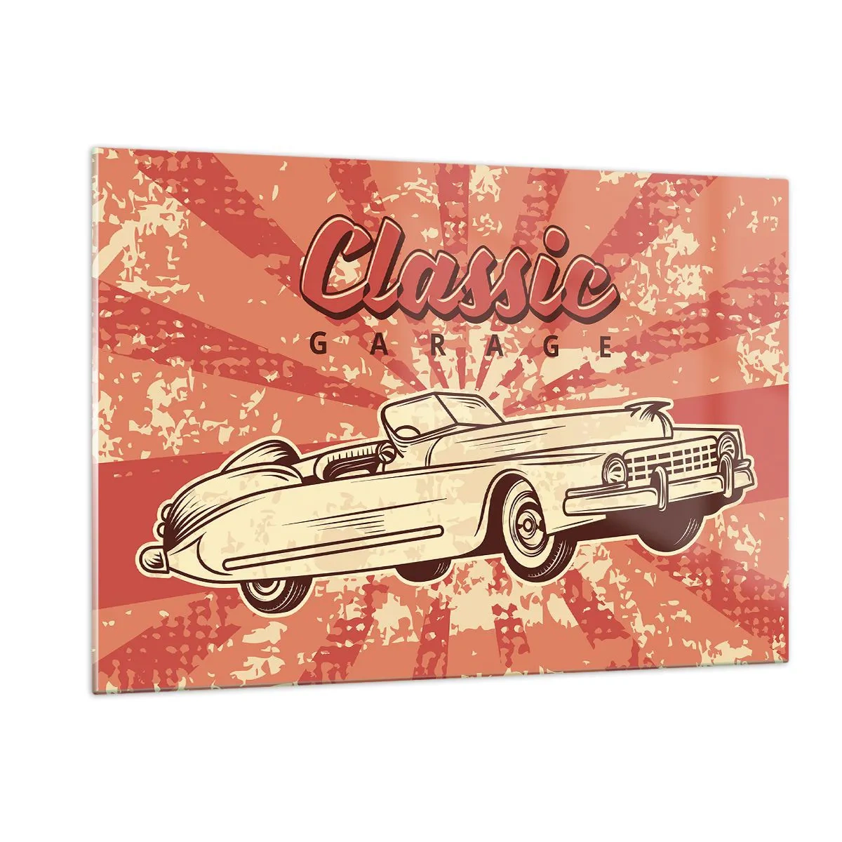 Glasbild - Bild auf glas - Retro-Grafik eines Oldtimers vor einem Strahlenhintergrund - 120x80cm - Und im Radio, Elvis - Moderne Wanddekoration für Wohnzimmer und Schlafzimmer ARTTOR