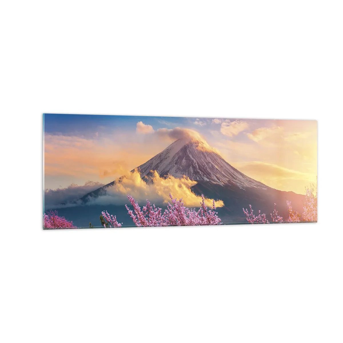 Glasbild - Bild auf glas - Mount Fuji mit Kirschblüten im Hintergrund bei Sonnenuntergang - 140x50cm - Japanische Heiligkeit - Moderne Wanddekoration für Wohnzimmer und Schlafzimmer ARTTOR